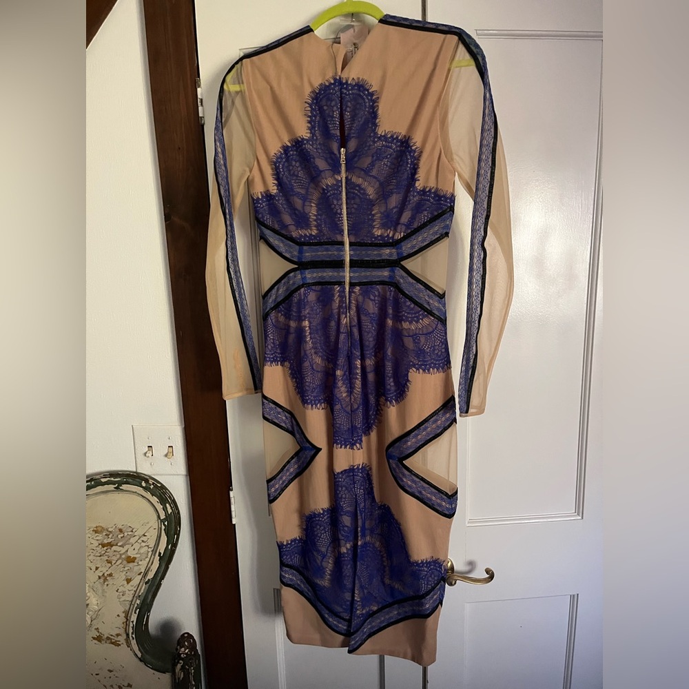 Three Floor electric blue/periwinkle Dress w/Lace, black leather, & sheer detail - Picture 2 of 16